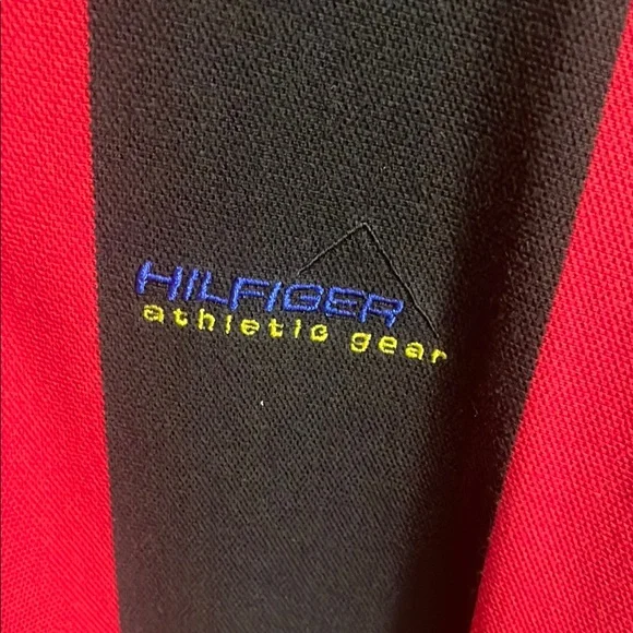 Y2K Tommy Hilfiger Red and Black Polo Shirt with Wide Vertical Stripes - Picture 3 of 6